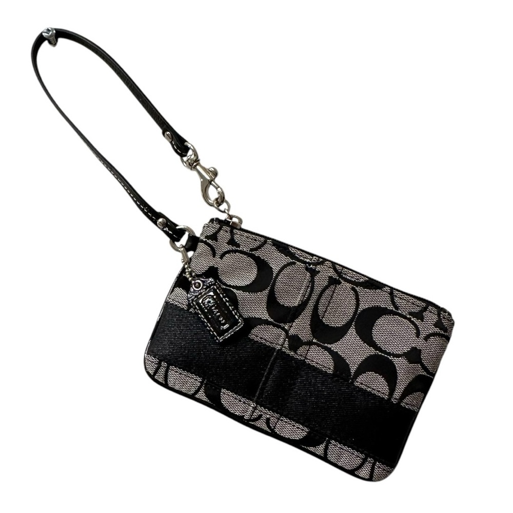 Coach Wristlet in Black Jacquard Fabric with Patent Strap